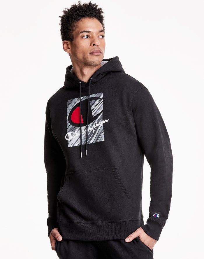 Champion Mens Hoodie NZ - Powerblend Fleece Inset Rectangle Logo  Black ( 5279-ZBJXE )